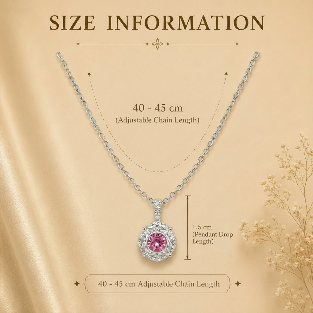 Necklace with pink gemstone pendant and size information on a beige background