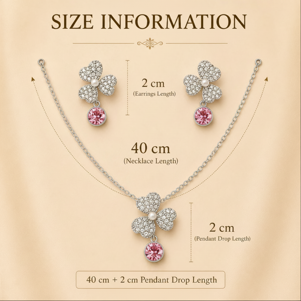 Jewelry set with necklace and earrings, showing measurements on a beige background.