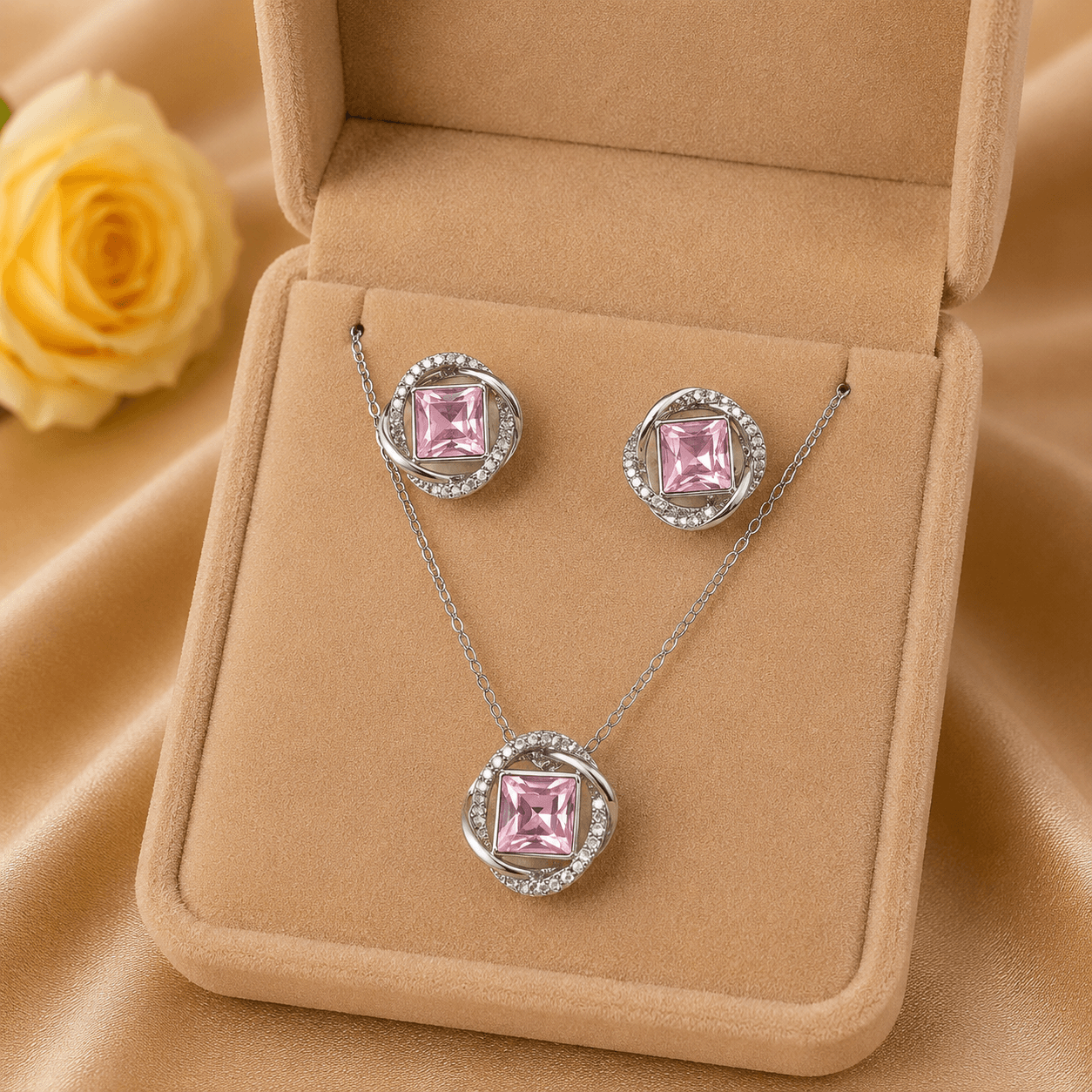 The Gia Jewellery Set – 14k Gold Plated – Square Crystal