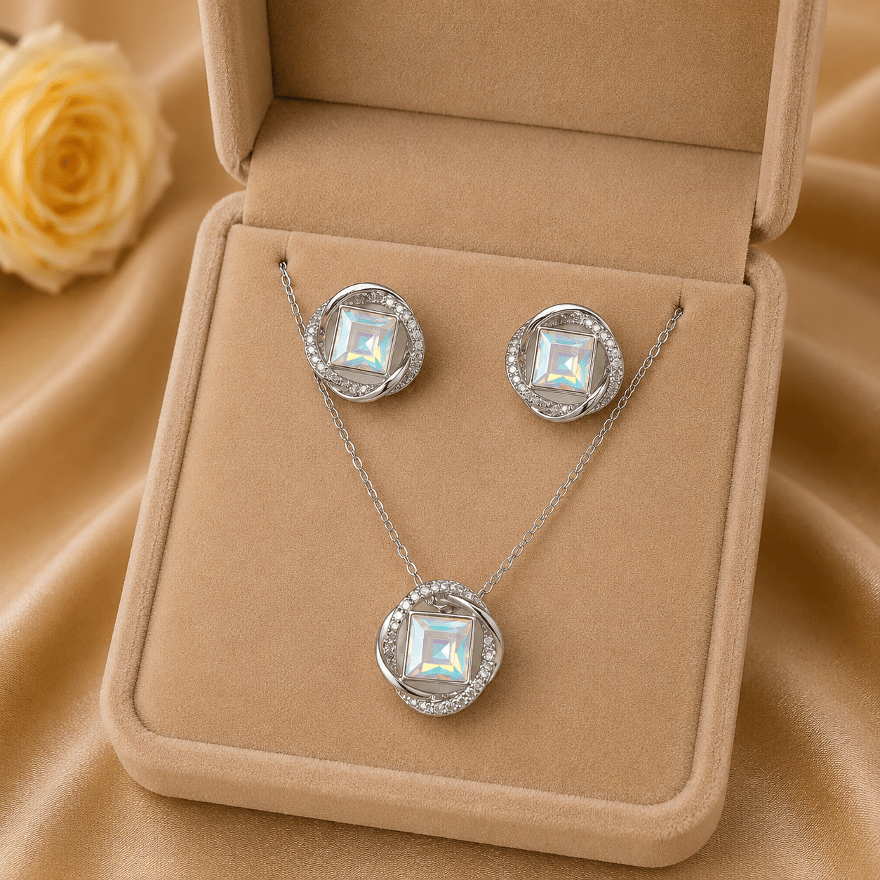 The Gia Jewellery Set – 14k Gold Plated – Square Crystal