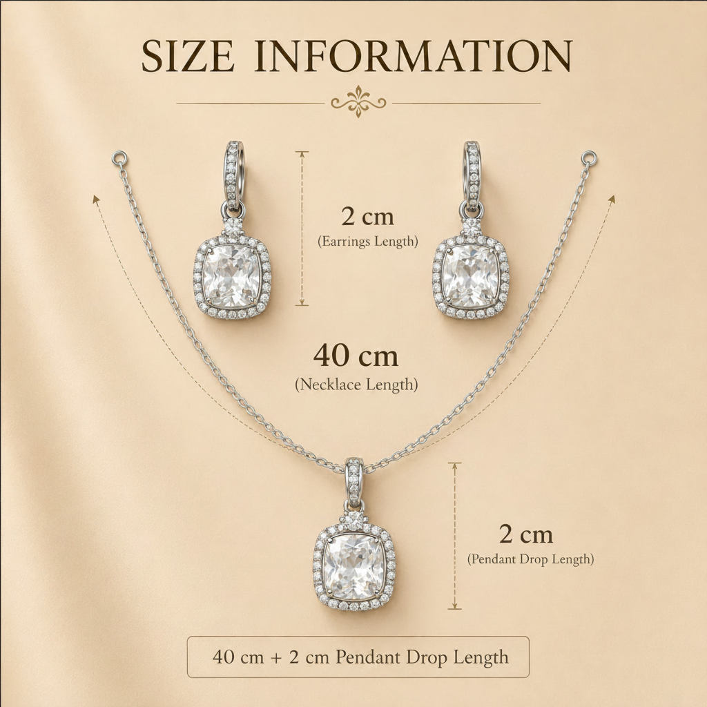 Jewelry set with measurements on a beige background