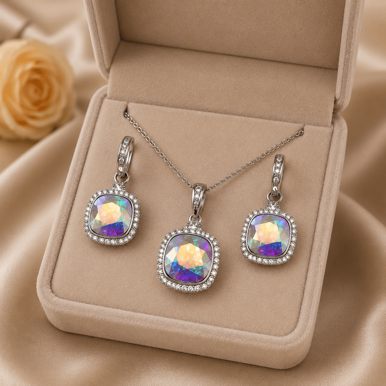 Jewelry set with pendant, necklace, and earrings on a beige cushioned box.