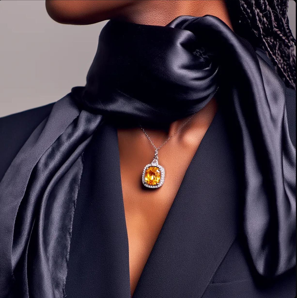 Person wearing a black satin scarf and a necklace with a large orange gemstone.