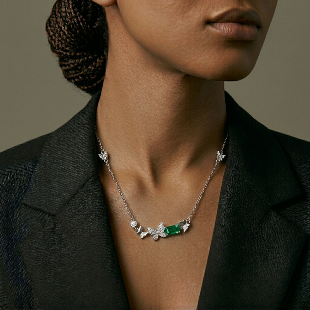 Woman wearing a necklace with an emerald stone against a neutral background