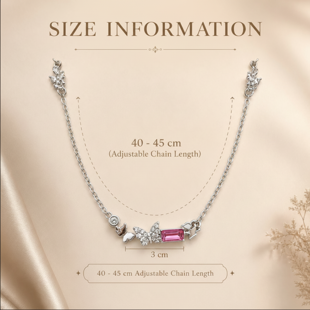 Necklace with a pink gemstone and adjustable chain length on a beige background