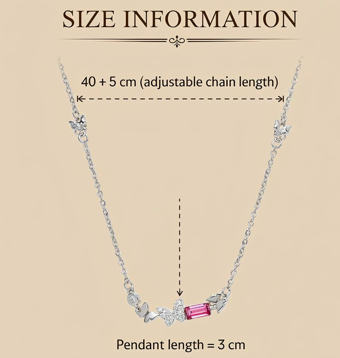 Necklace with pink gemstone and butterfly pendant, size information displayed.