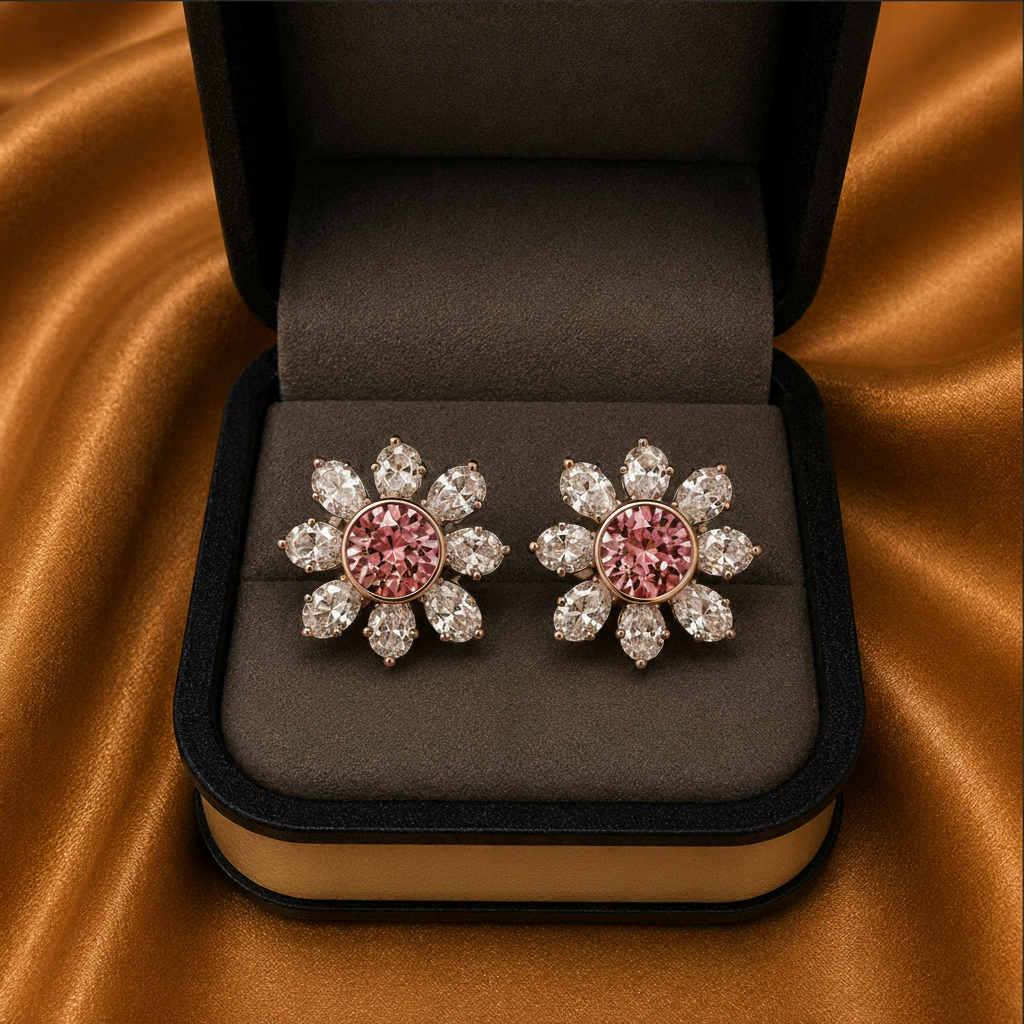 Pair of earrings with pink gemstones in a jewelry box on a brown fabric background