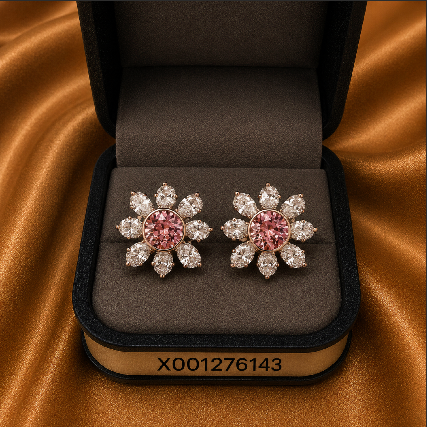 Pair of earrings with pink gemstones in a jewelry box on a brown fabric background
