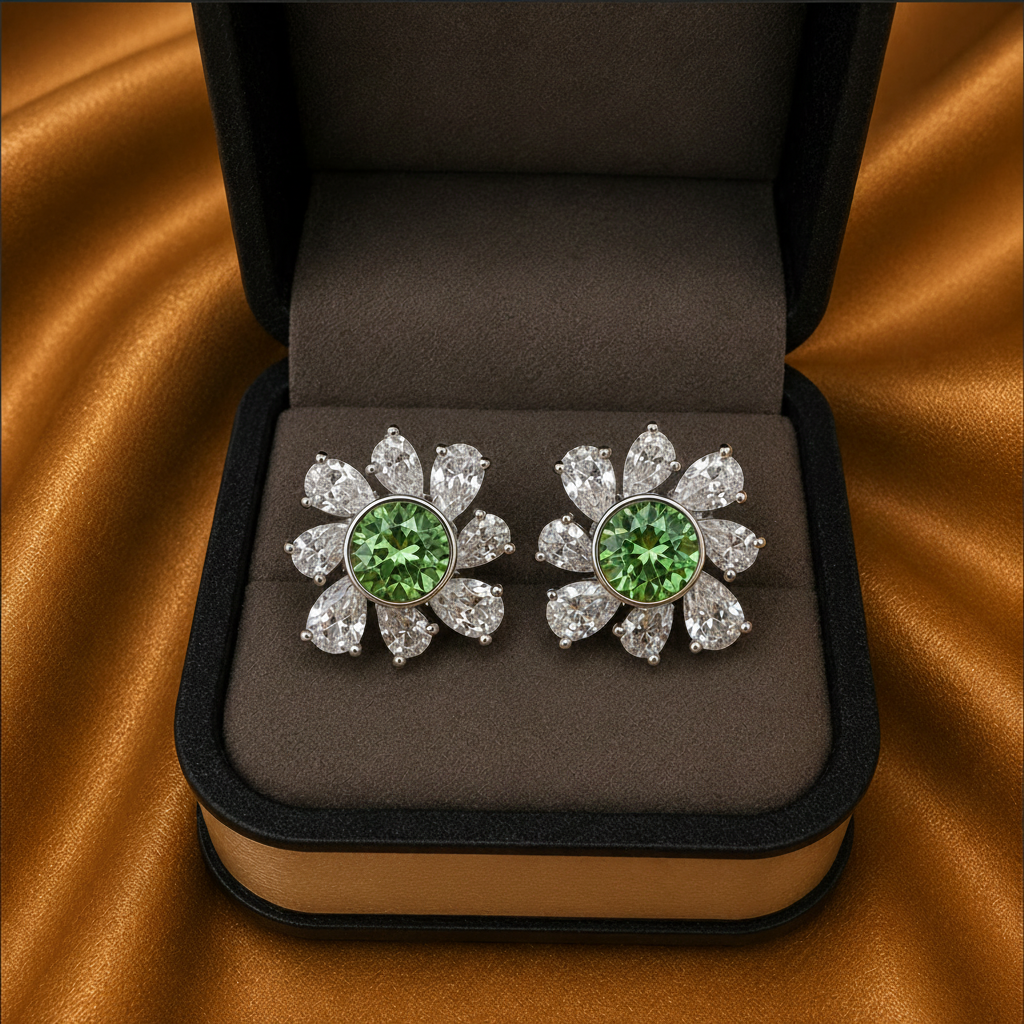 Floral Cluster Crystal Earrings – Rhodium Plated