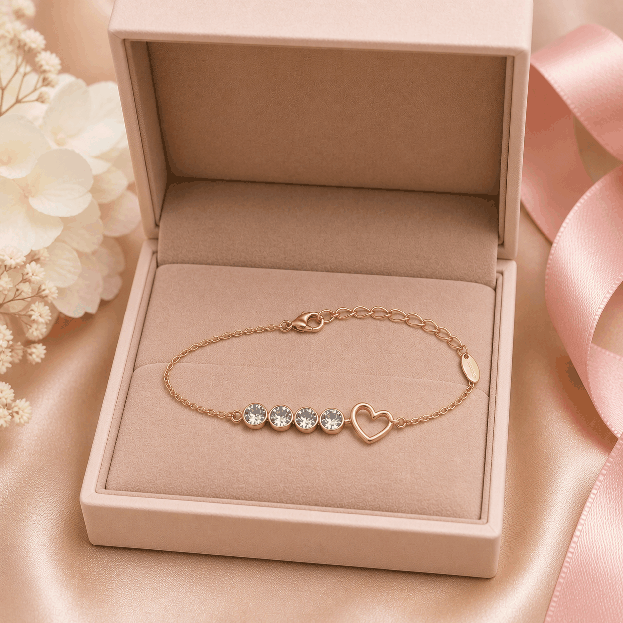 Gold bracelet with heart and gemstone details in a pink jewelry box with flowers and ribbon.