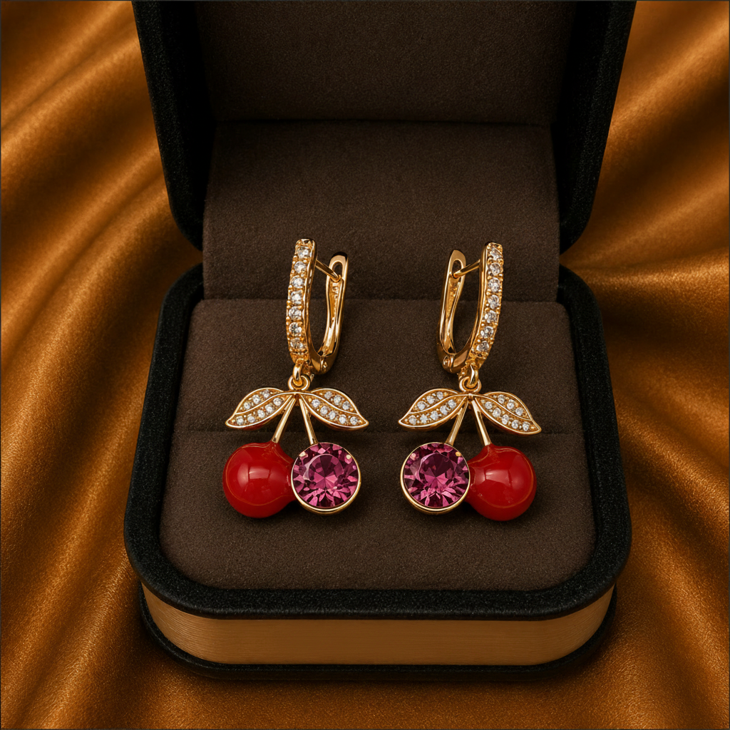 Cherry Pavé Drop Earrings – Gold Plated