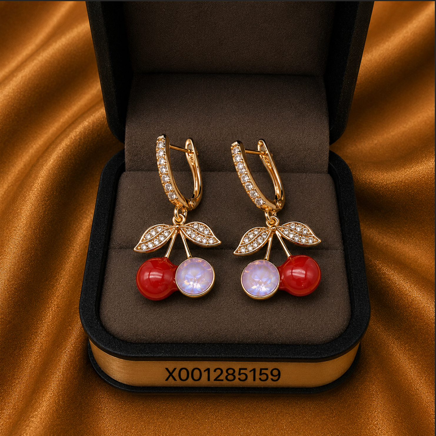 Cherry-themed earrings in a jewelry box on a brown fabric background