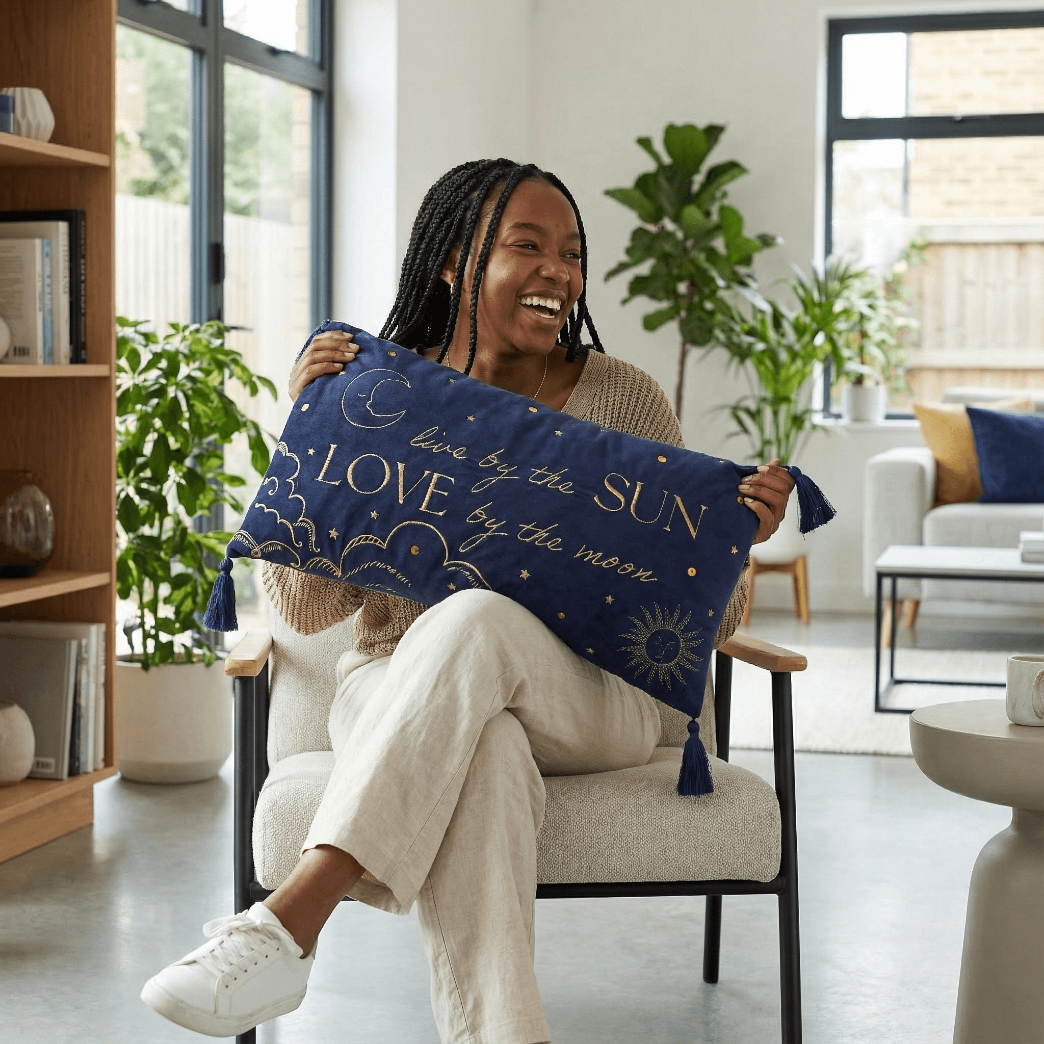 Blue Velvet Rectangular Cushion – “Live by the Sun, Love by the Moon”