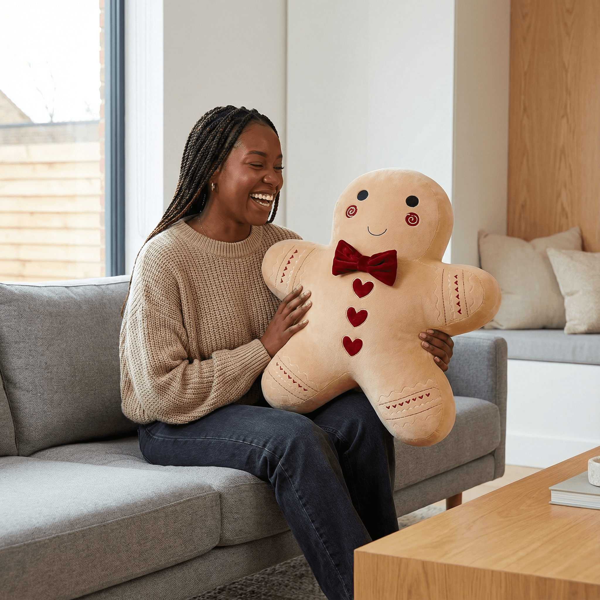 Gingerbread Man Plush Cushion – Large Festive Decor Pillow