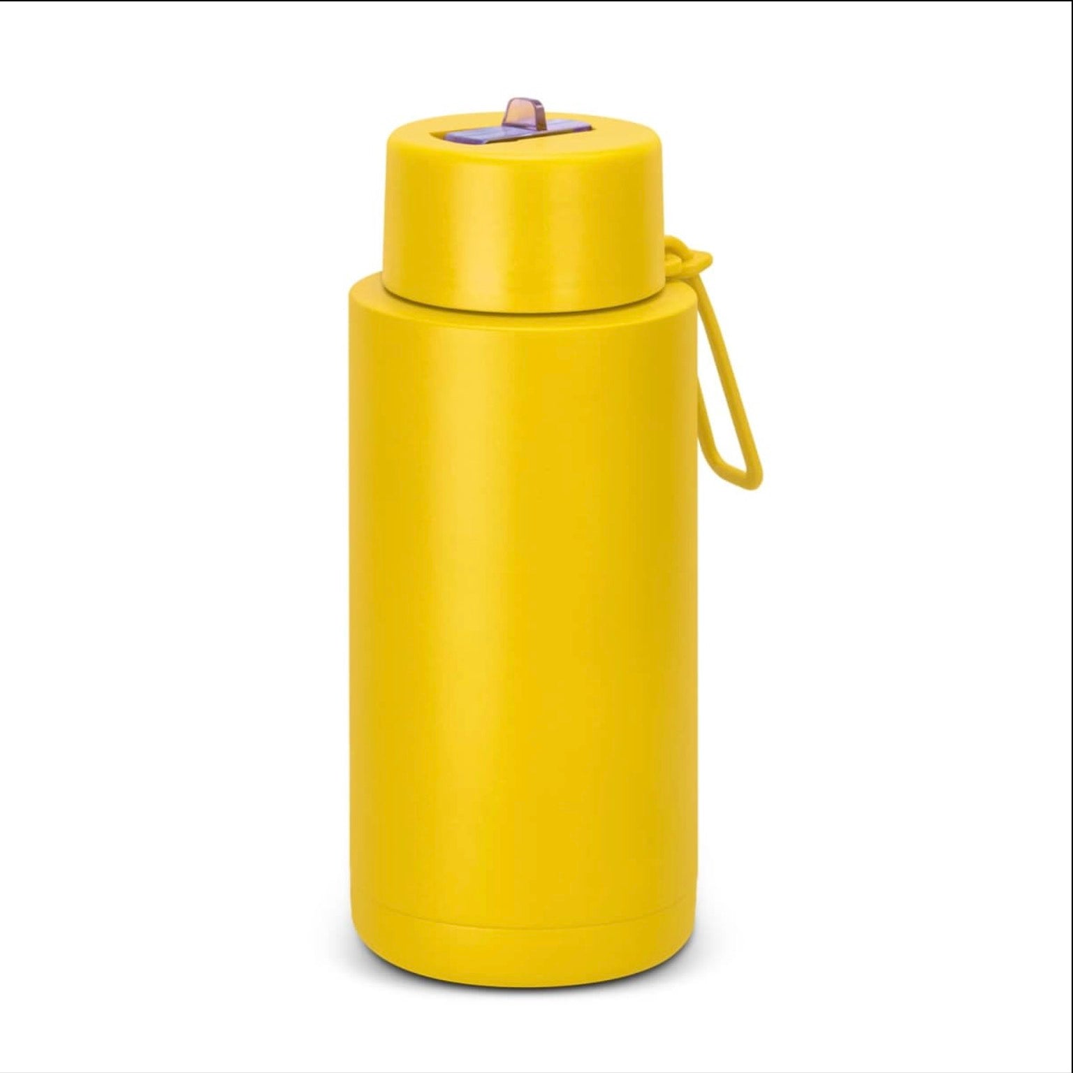A bright yellow insulated water bottle with a matching screw-top lid and carrying loop, shown on a plain white background.