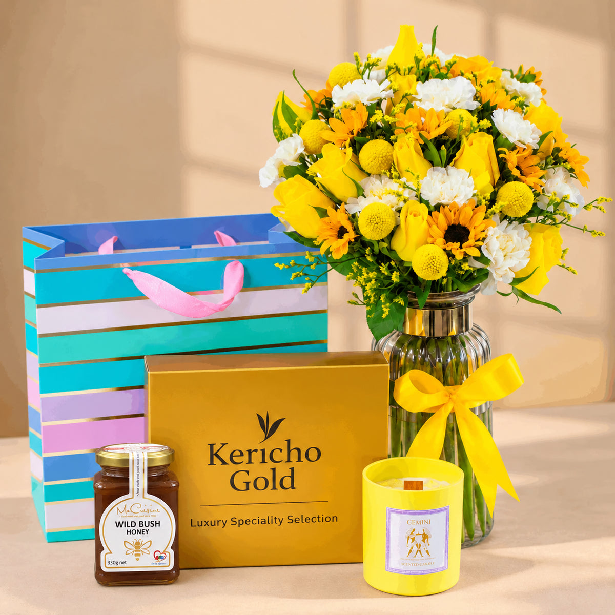 Flower gift set with vase, candle and honey, Purpink Kenya