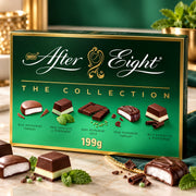 Nestlé After Eight The Collection chocolate box in dark green and gold, shown with assorted chocolate fondants and peppermint chocolates arranged on a marble surface in front.