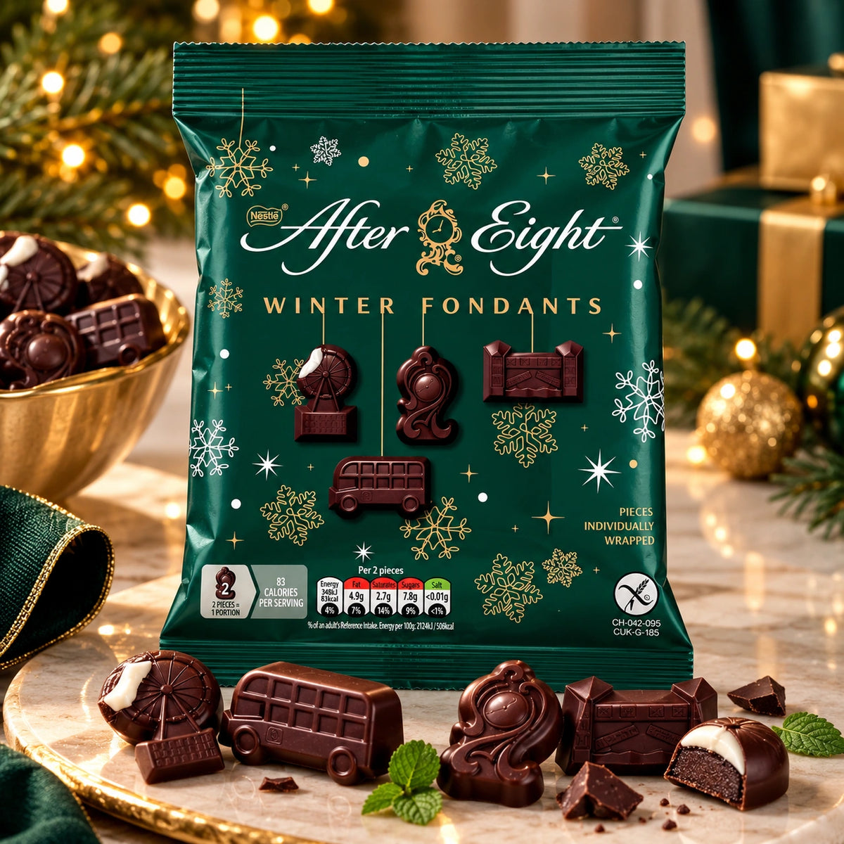 A bag of After Eight Winter Fondants chocolate pieces, featuring a dark green holiday-themed package with gold and white snowflake designs, surrounded by assorted chocolate pieces on a gold tray with festive decorations in the background.