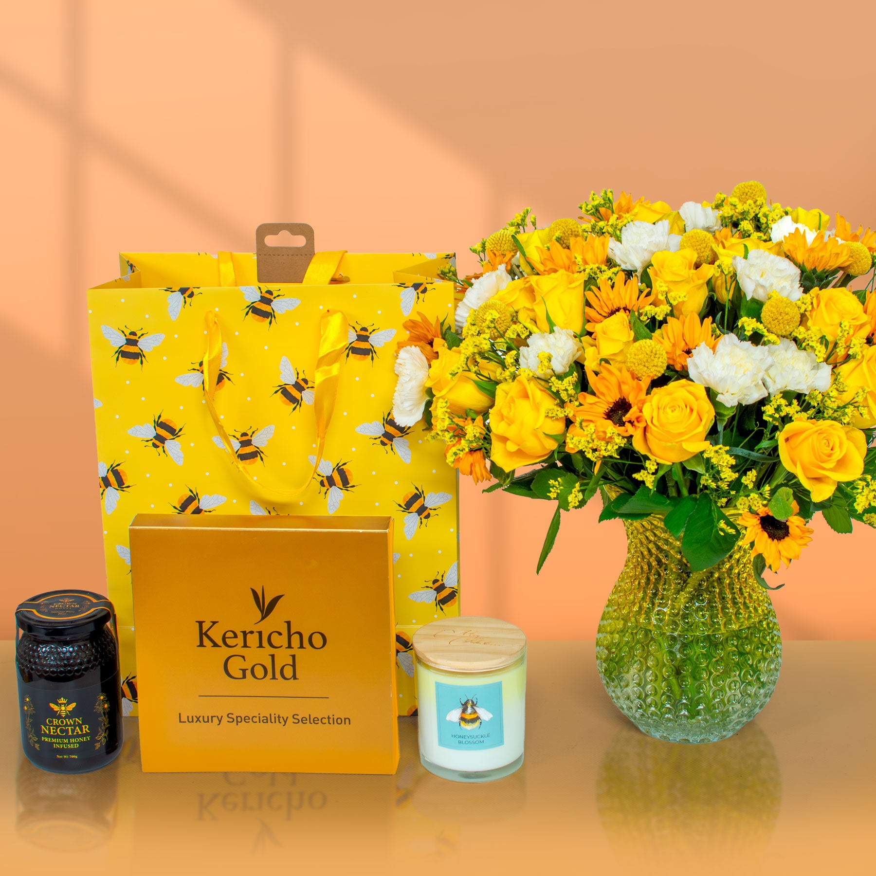 Sunny Smiles Bouquet Gift Set – Flowers, Tea, Candle & Honey Hamper