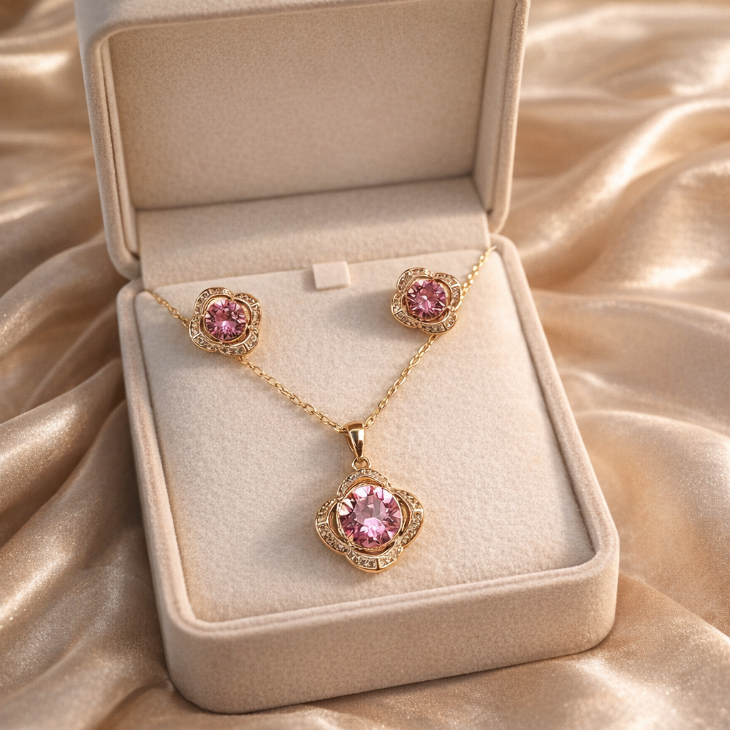 The Rosa Jewellery Set – 18k Gold Plated – Rose Pendant