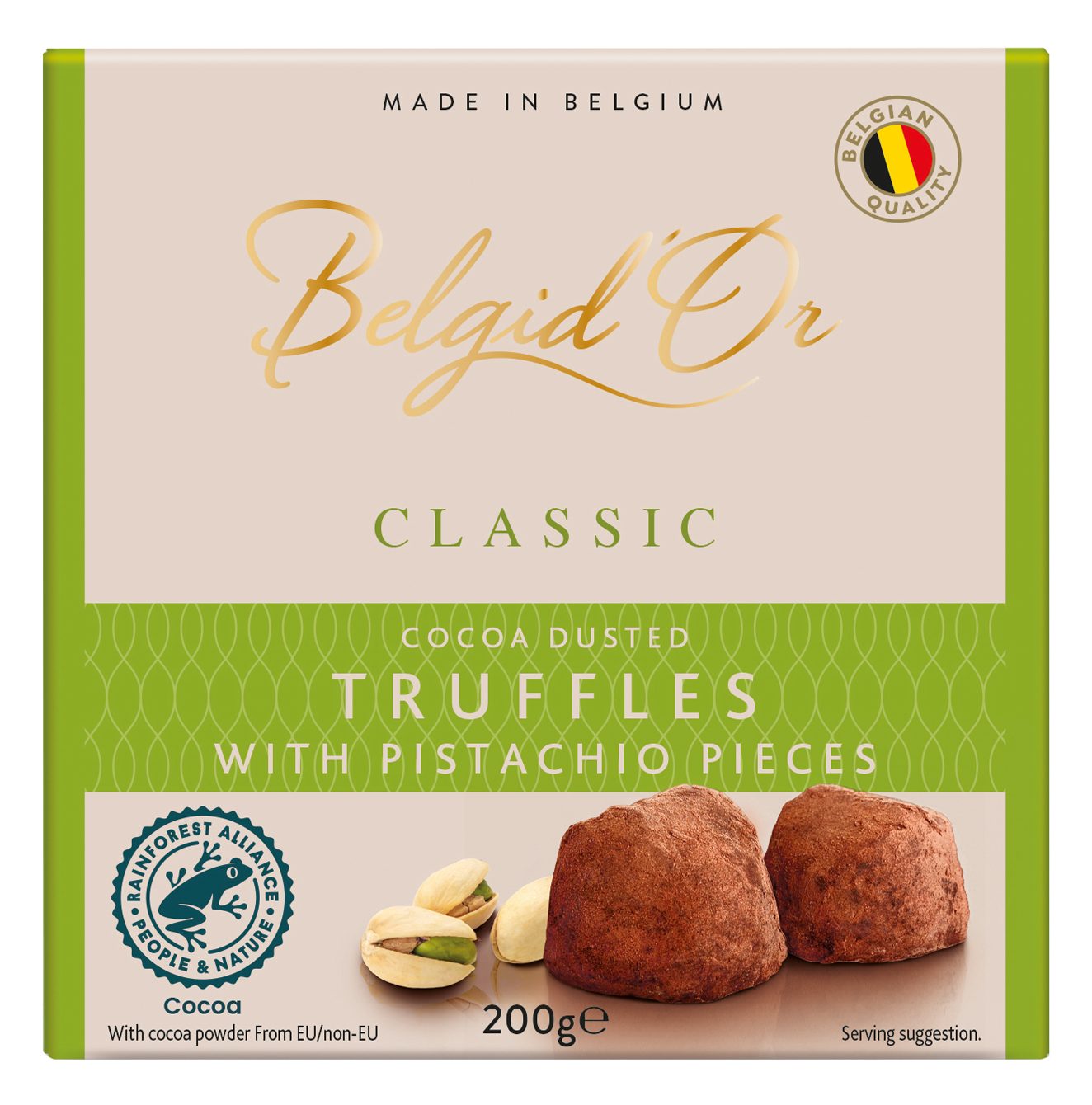 Belgian Cocoa Dusted Truffles with Pistachio Pieces – 200 g