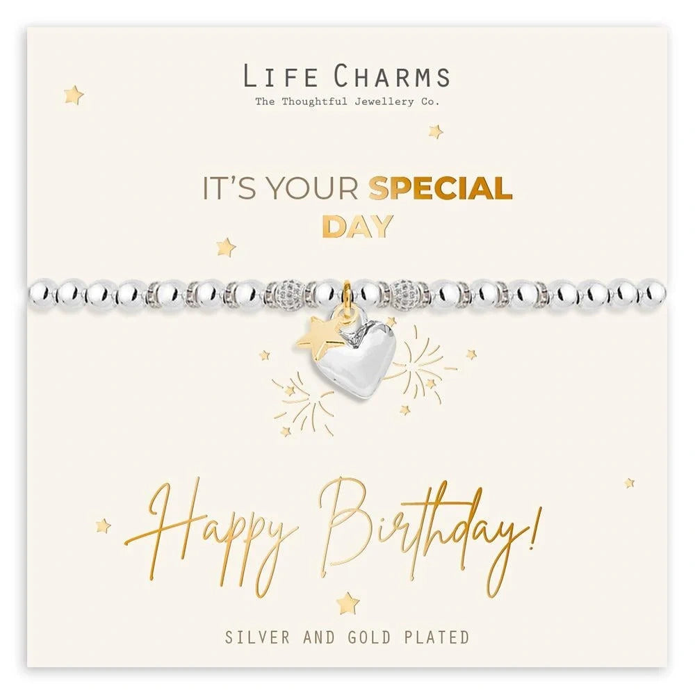 Silver birthday bracelet on gold foiled card