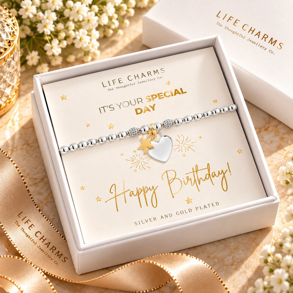 Birthday bracelet in white gift box with gold card