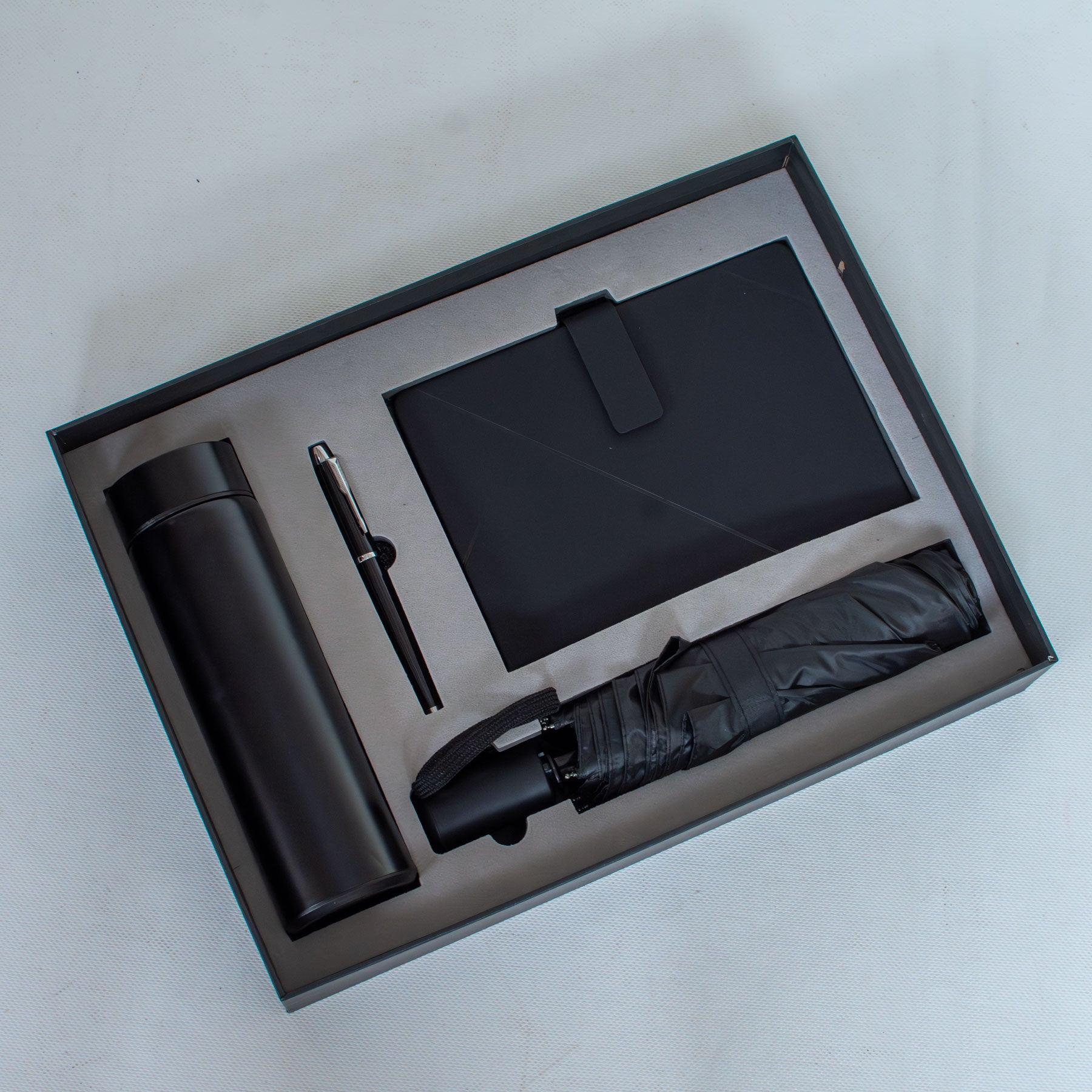 Notebook Gift Set – A5 Notebook, 500 ml Bottle, Umbrella & Accessories Set Black & Blue