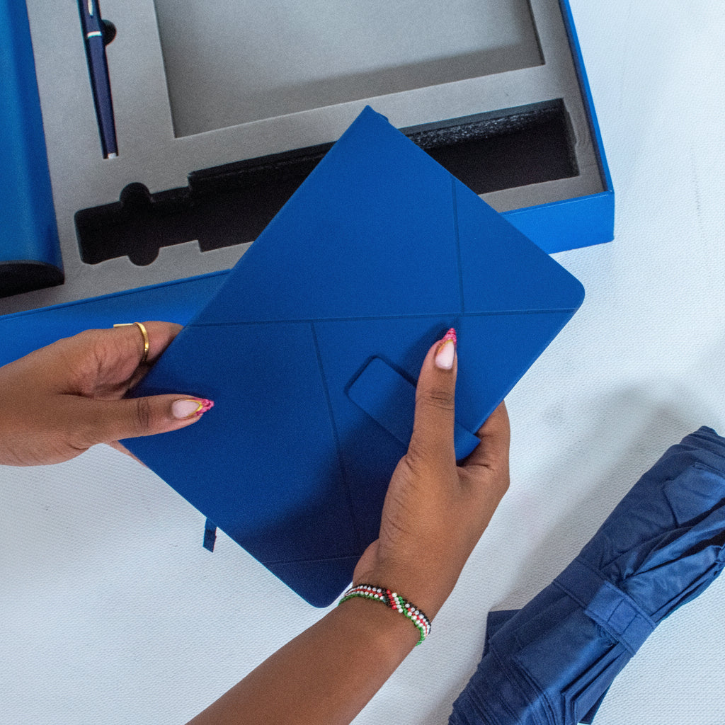 Notebook Gift Set – A5 Notebook, 500 ml Bottle, Umbrella & Accessories Set Black & Blue