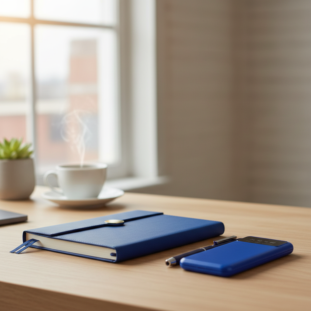 Blue notebook, phone, and pen on a wooden desk with a blurred window background