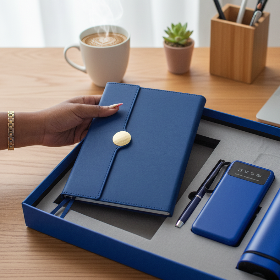 Blue stationery set with a notebook, pen, and wallet on a desk with a cup of coffee and laptop.