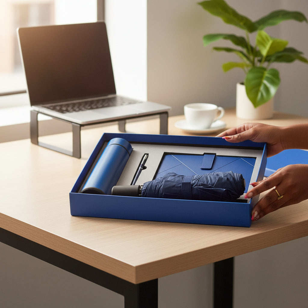 Notebook Gift Set – A5 Notebook, 500 ml Bottle, Umbrella & Accessories Set Black & Blue