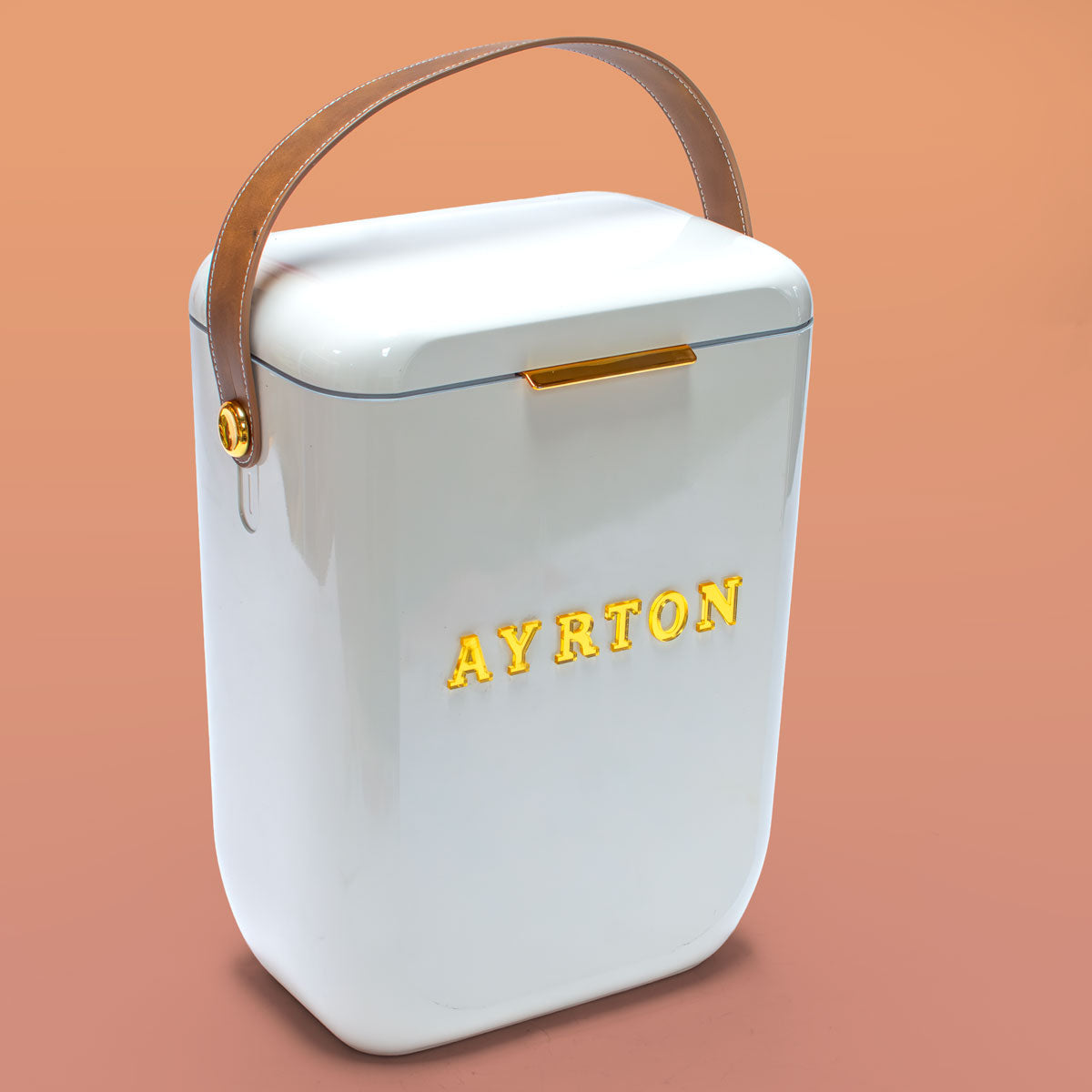 Personalised 10L cooler box, white with leather handle