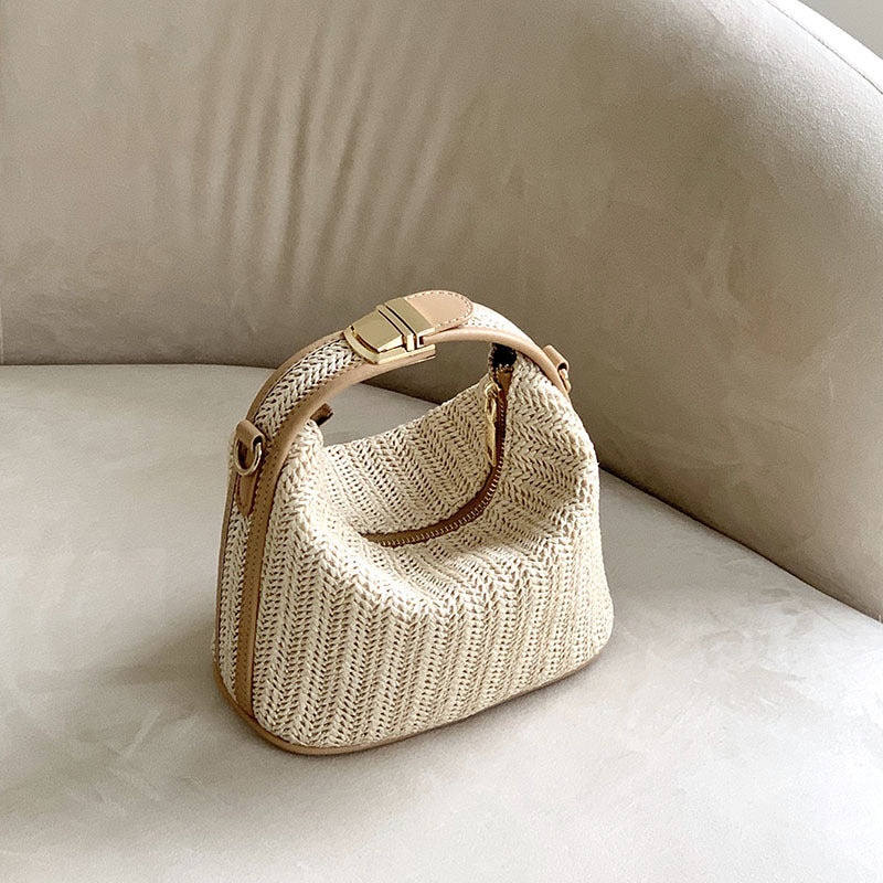 Paille Chic Straw Satchel Bag – 19 × 11 × 11 cm Woven Handbag with PU Leather Handle