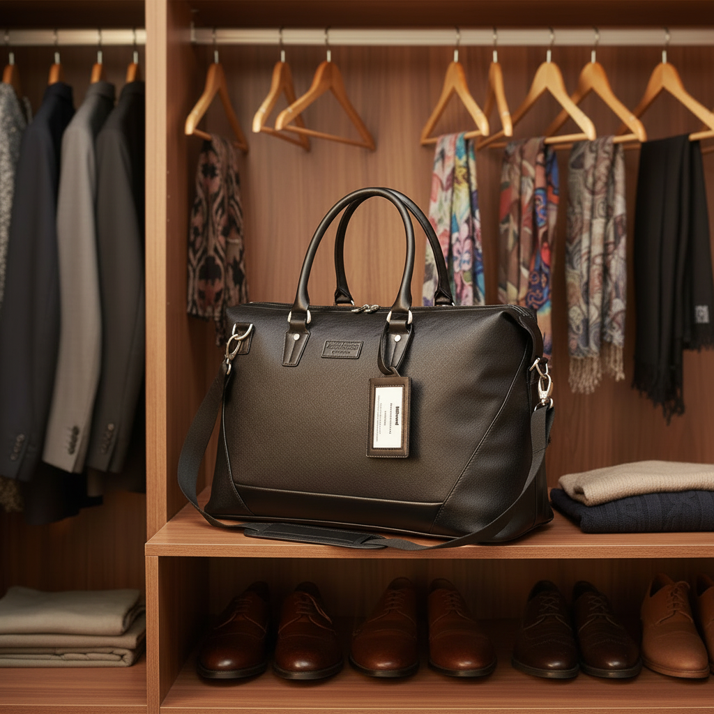 Black handbag on a wooden shelf with clothes in the background