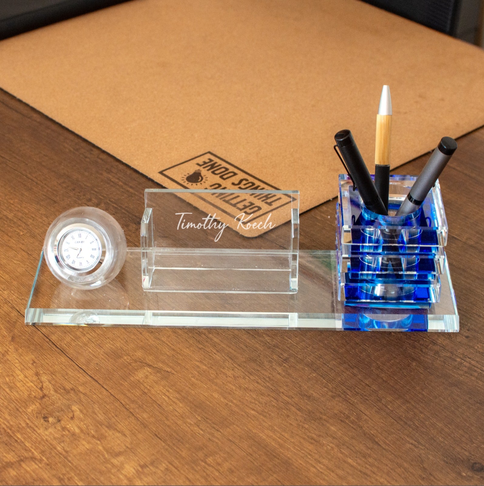 Personalised Glass Desk Organiser With Clock