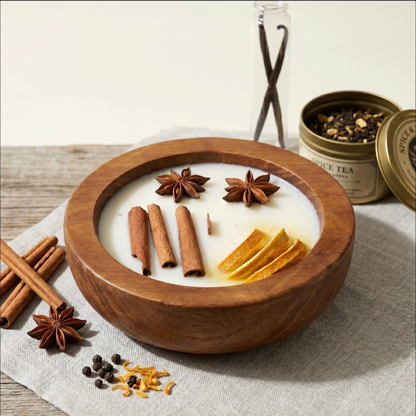 A round wooden bowl filled with a white candle and topped with cinnamon sticks, star anise, dried orange slices, and small whole spices, styled on a linen surface with cinnamon sticks, a spice jar, and vanilla pods in the background.