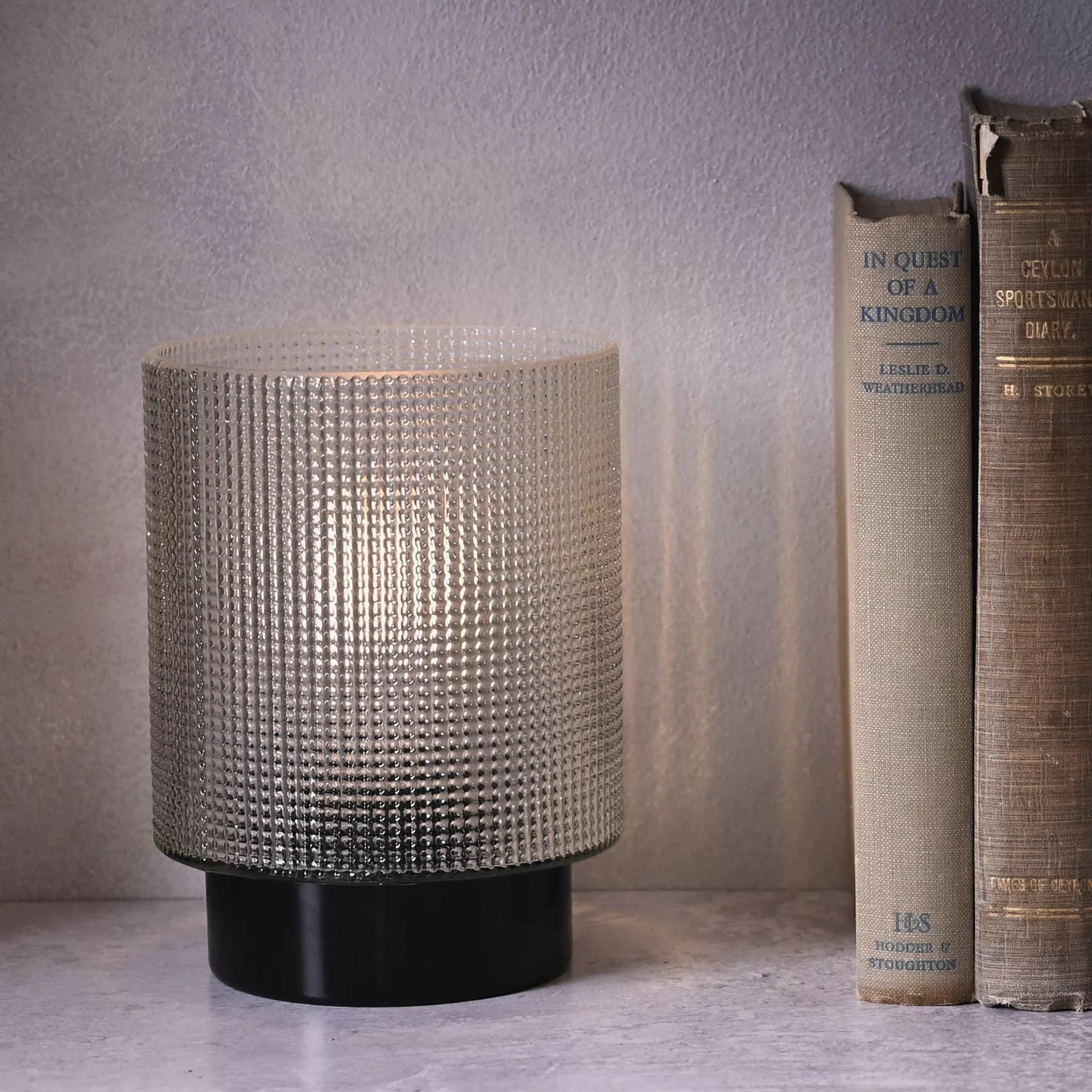 Hestia Battery Operated Textured Glass Lamp – Silver with Black Base