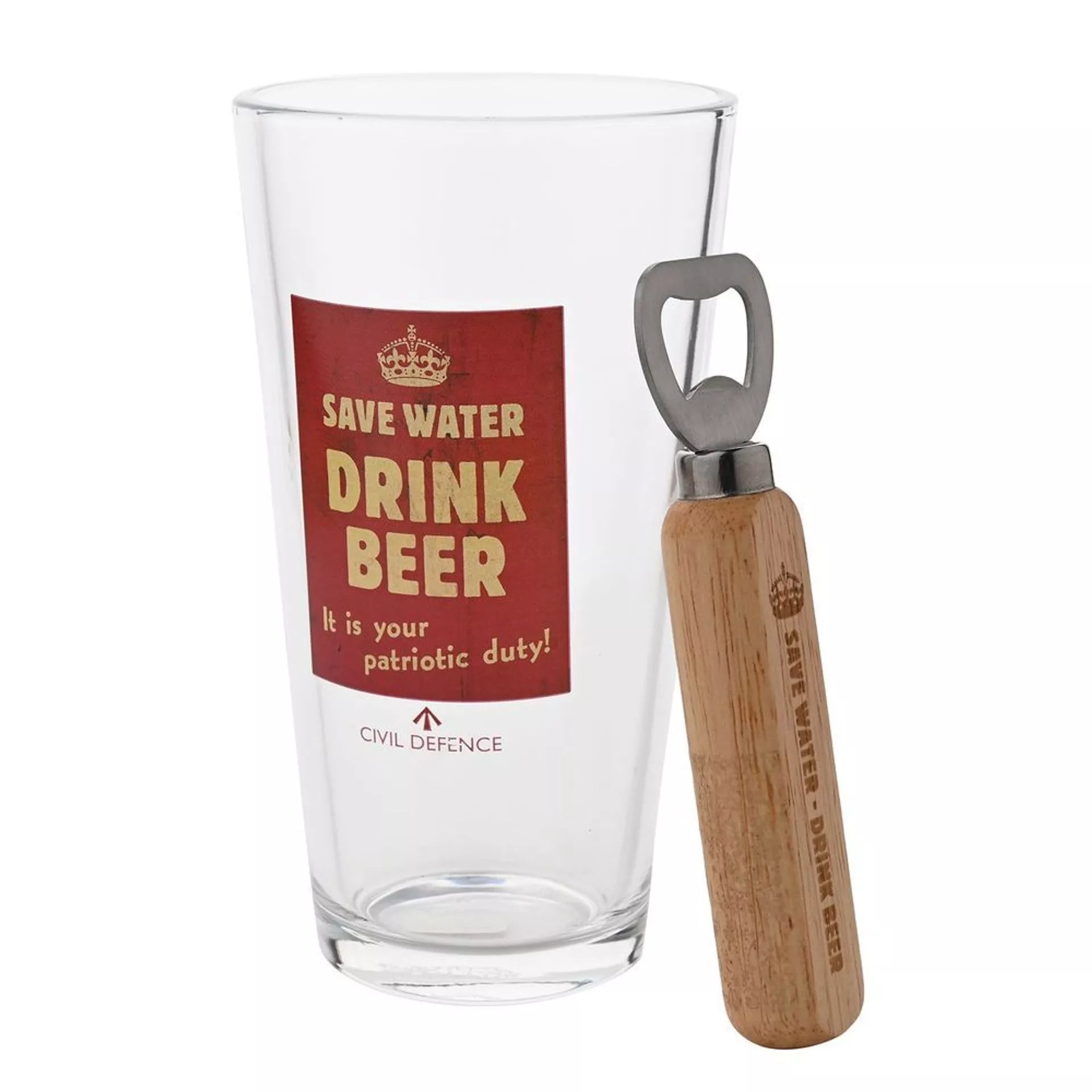 Civil Defence Pint Glass and Bottle Opener Set