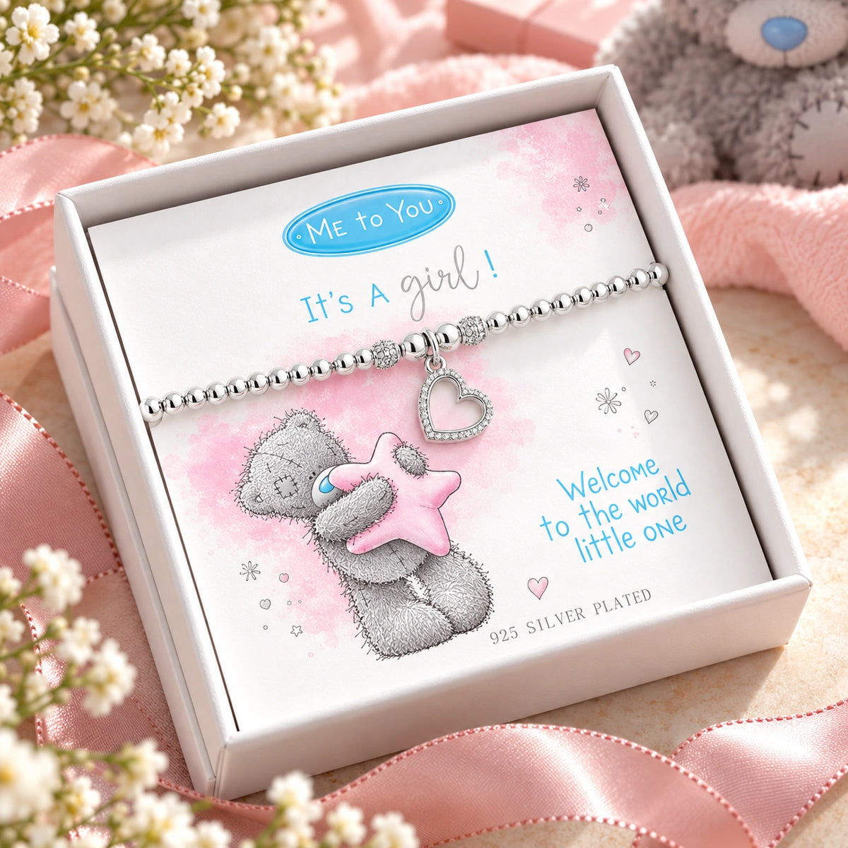 Silver beaded baby girl bracelet in white gift box