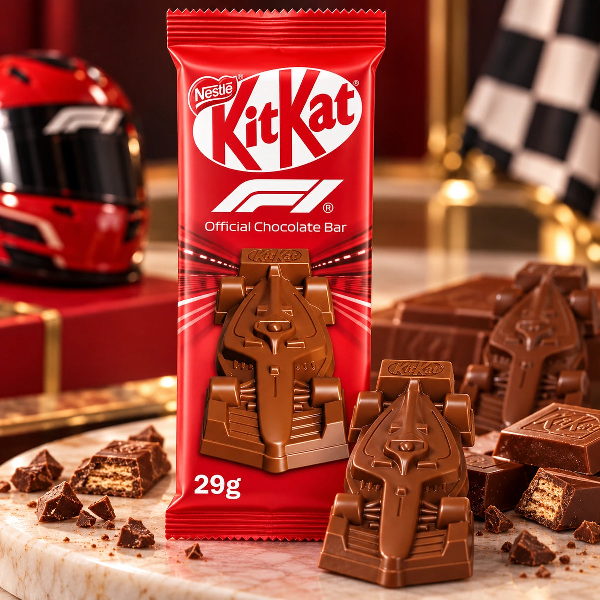 A red KitKat Official Chocolate Bar package stands on a marble surface with chocolate渣 scattered around it. A red Formula 1 helmet and checkered flag appear blurred in the background, and several KitKat chocolate bars and broken pieces are placed in front of the package.
