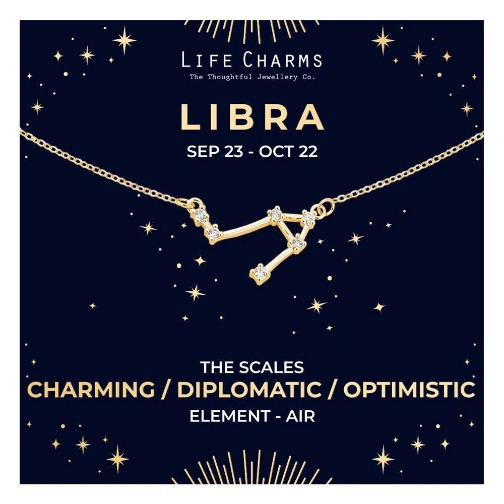 Libra zodiac necklace on silver foiled card