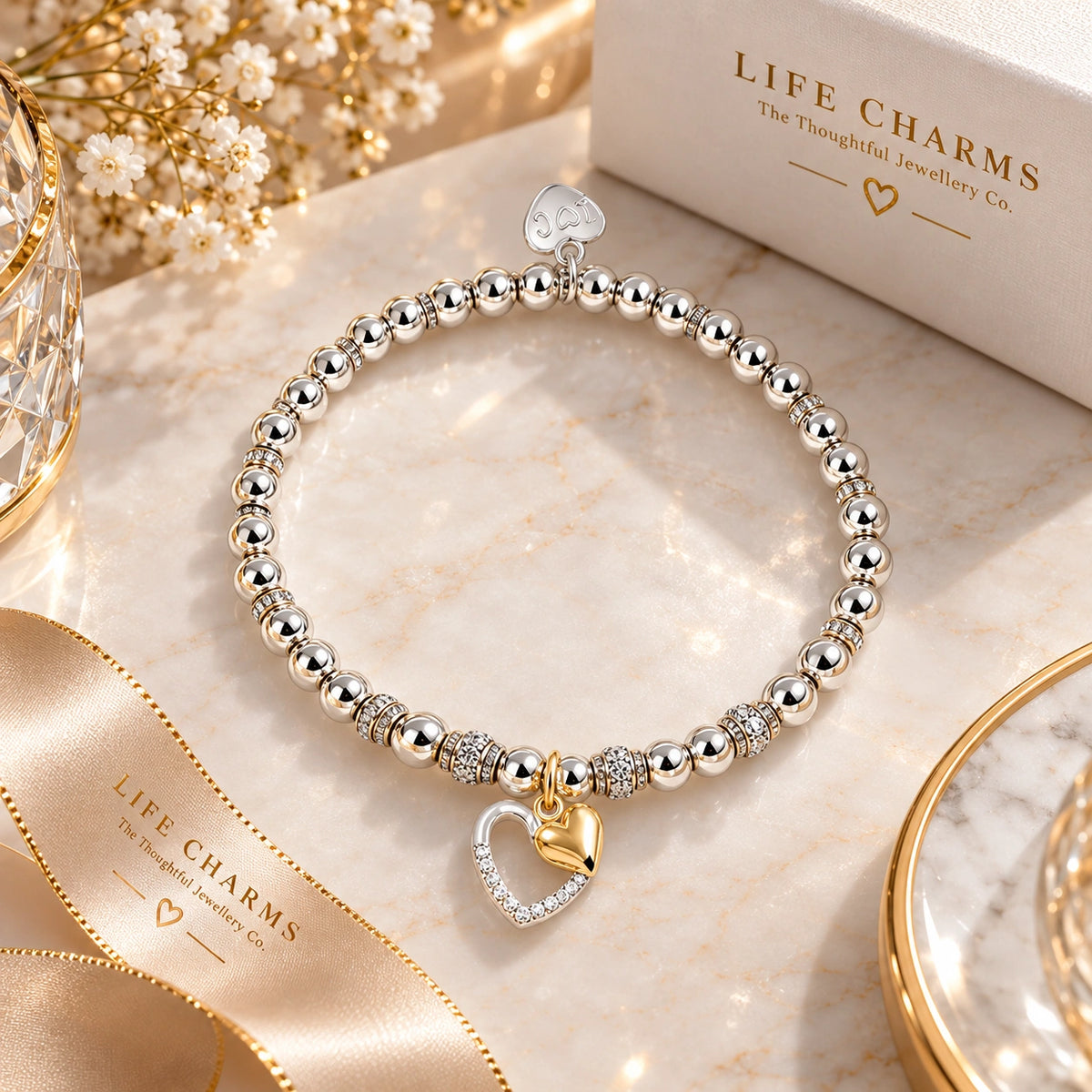 30th birthday charm bracelet with gold puffed heart