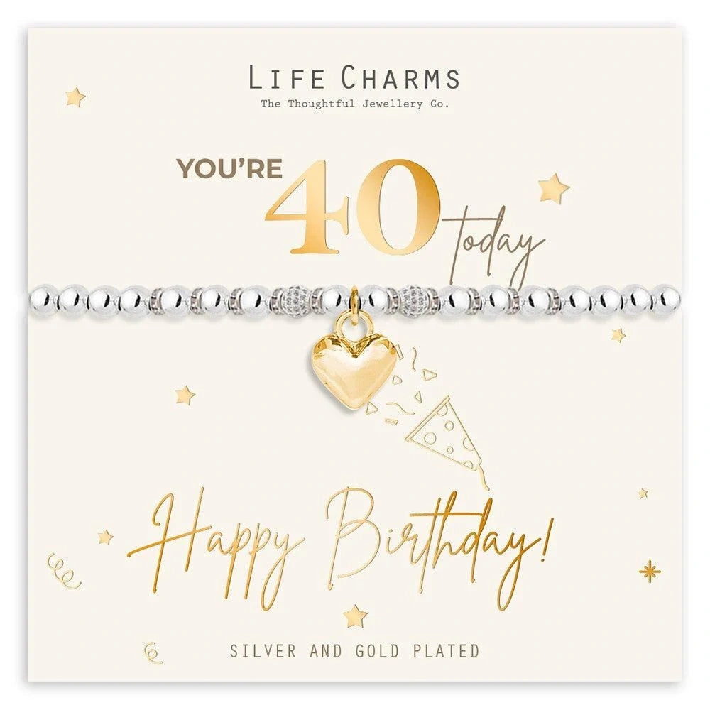 Silver 40th birthday bracelet on gold foiled card