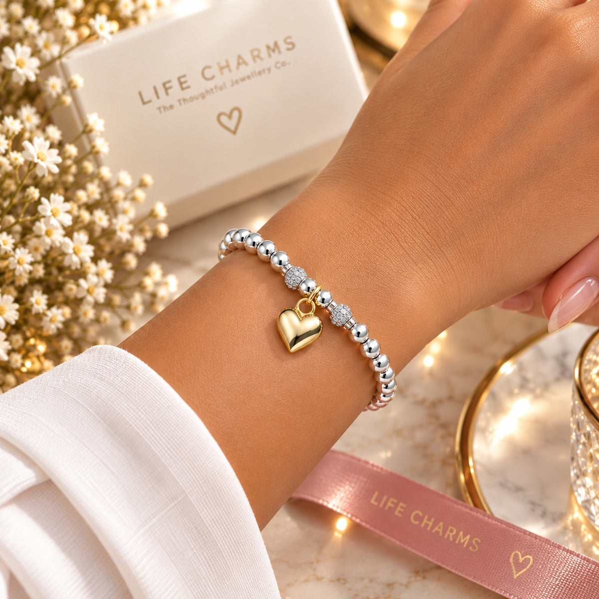 Silver plated 40th birthday bracelet with gold heart charm