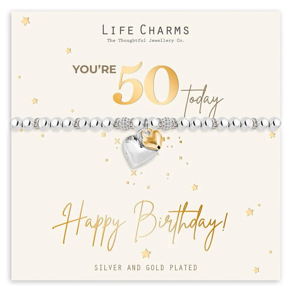 Silver 50th birthday bracelet on gold foiled card
