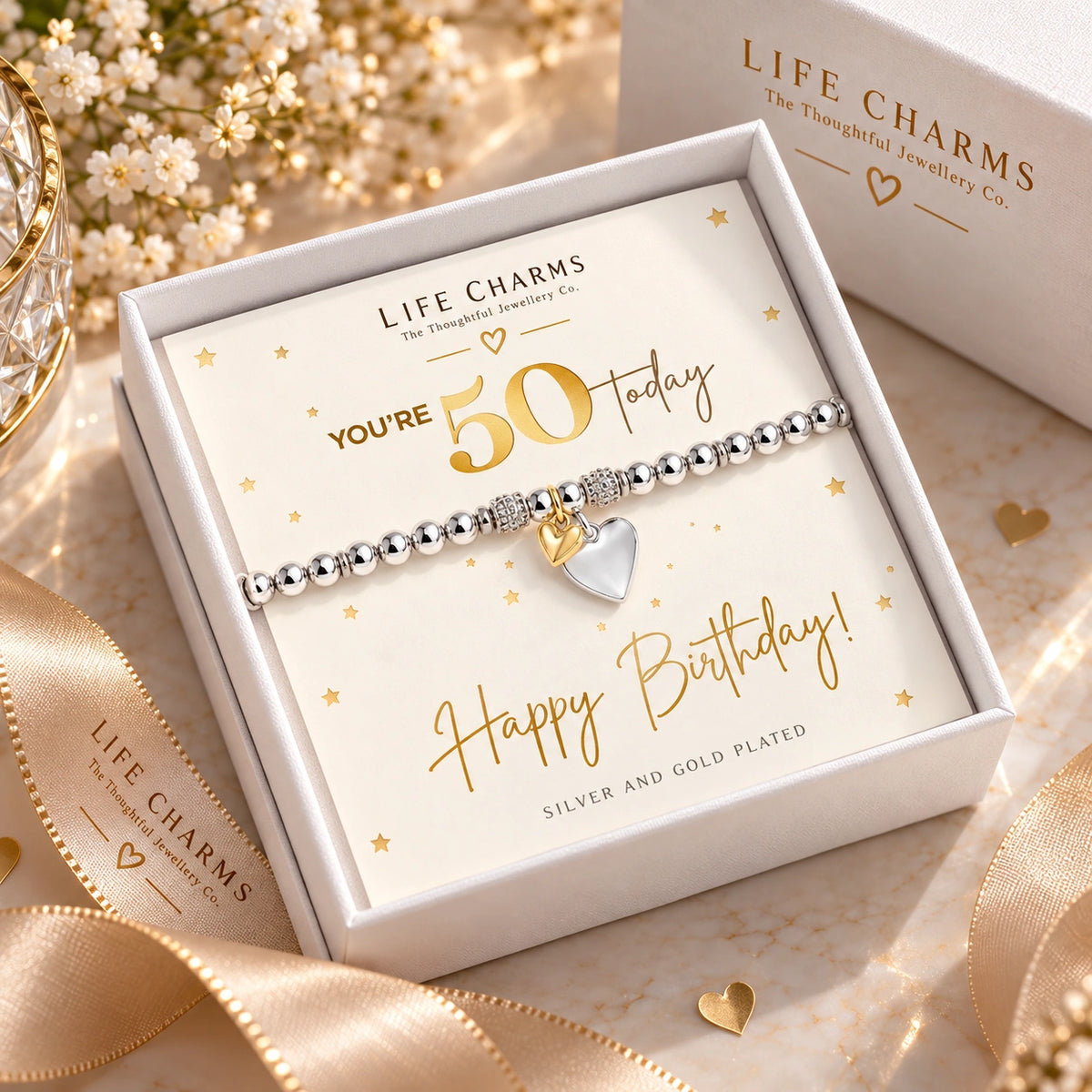 Milestone 50th birthday bracelet in white gift box