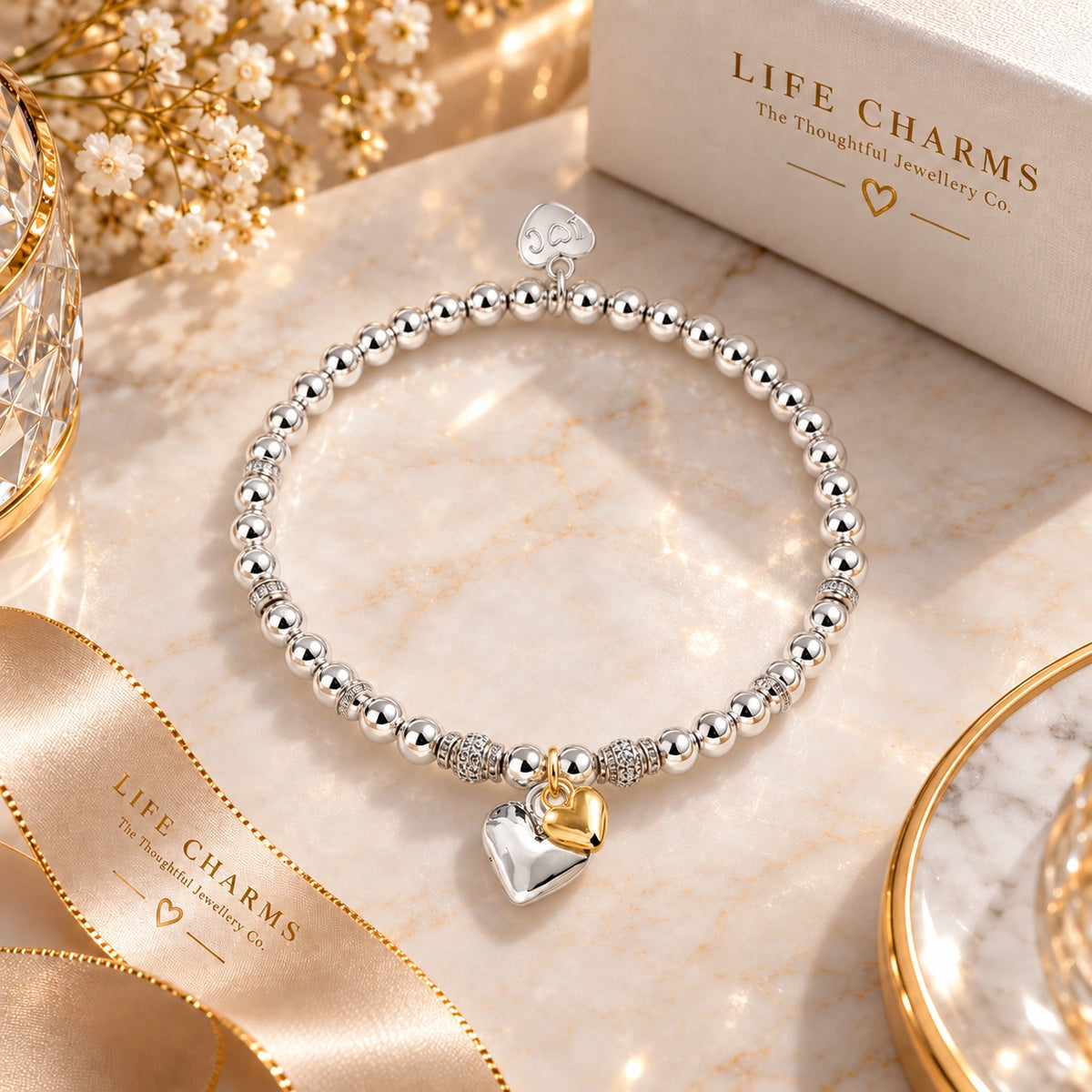 Silver plated 50th birthday bracelet with gold heart charm