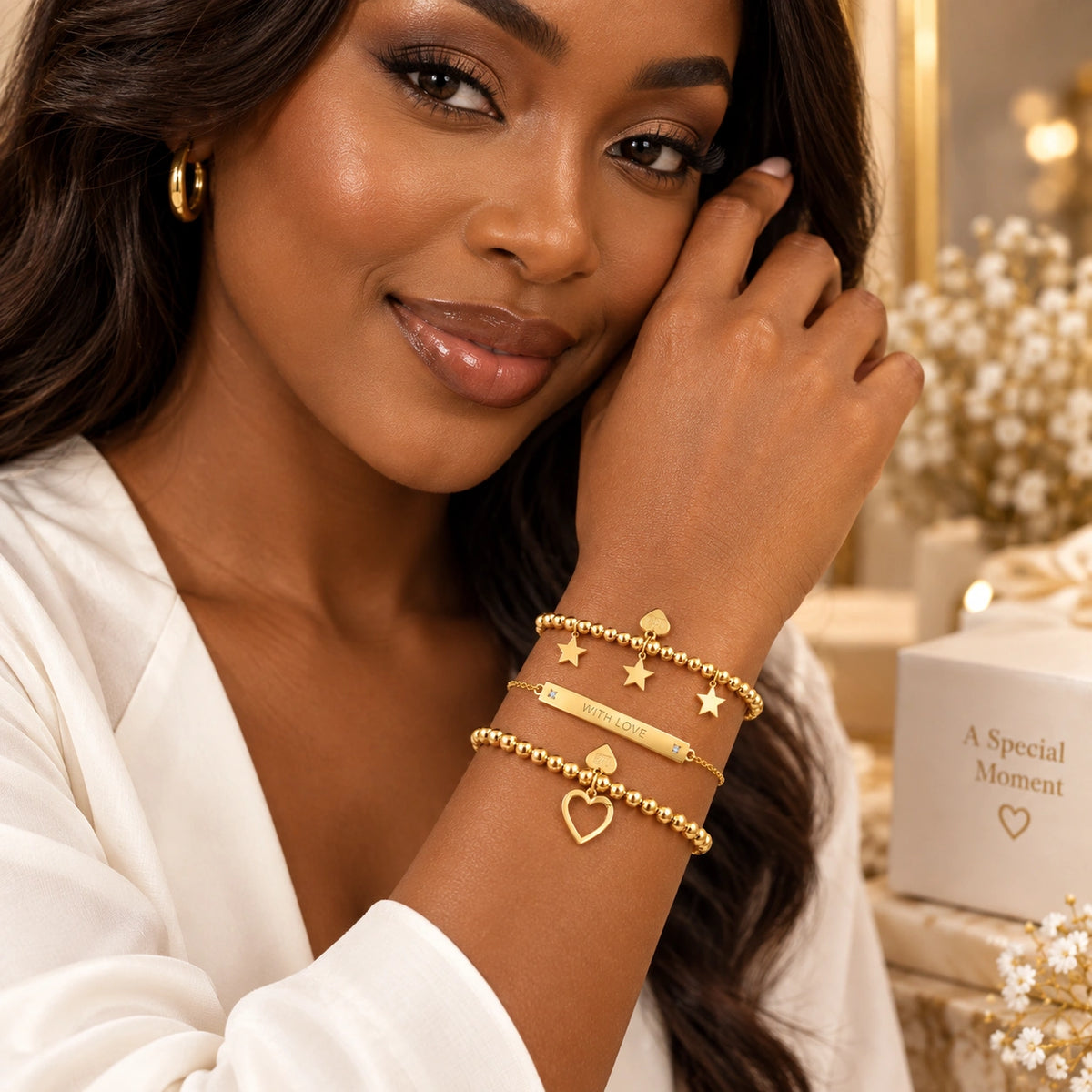 Gold bangle and beaded bracelet birthday gift set