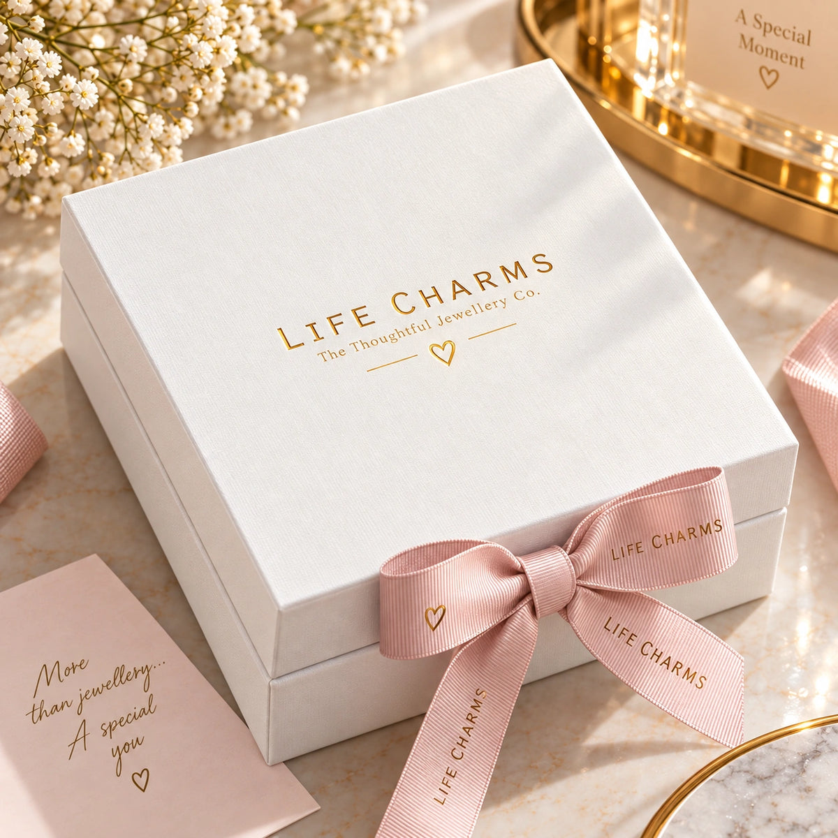 Happy birthday, gold bracelet gift box with pink ribbon